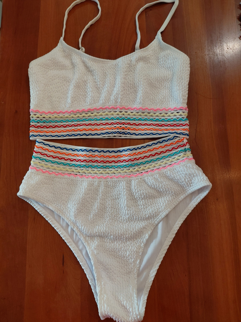 SHEIN White Textured One-Piece Swim with Multicolor Rickrack Trim